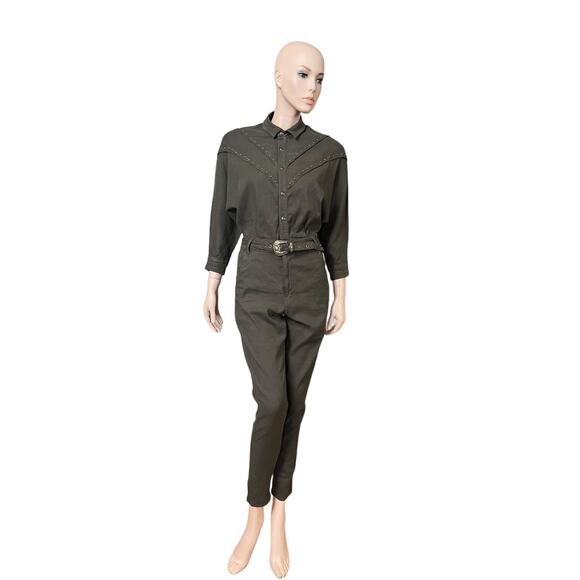 The Kooples Studded Kaki Linen Belted Jumpsuit Size 1 French Brand True To Size - Picture 5 of 15